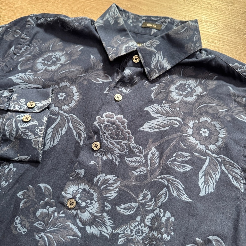 Express Shirt Mens Medium Blue Floral AOP Extra Slim Costal Beach Hawaiian Aloha